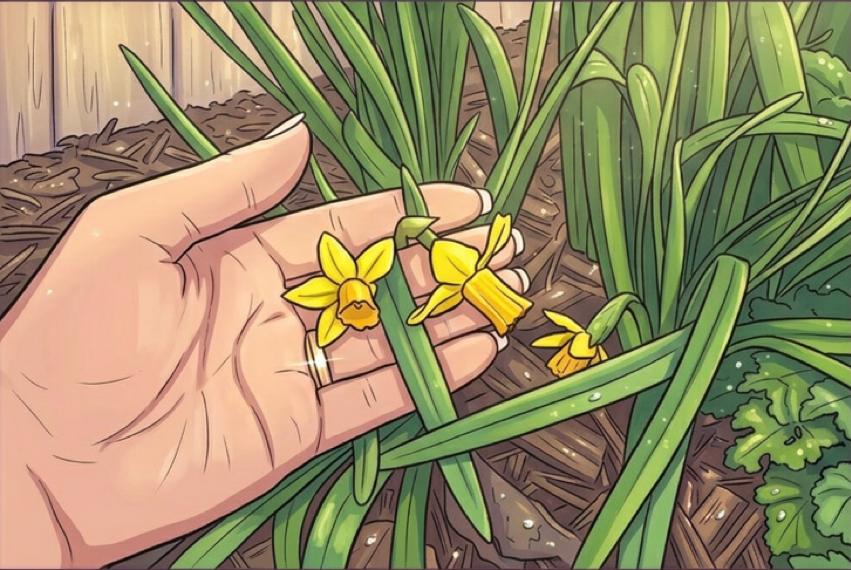 Two daffodil flowers held in a hand, bright yellow in color, roughly an inch in size each.
