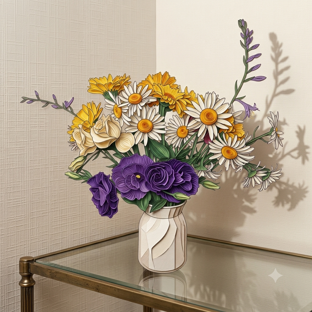 A bright bouquet of purple lisianthus, white daisies, and yellow blooms with sprigs of gladiolus in a pale ceramic vase on a glass side table — the arranged moment that drew compliments across the office, a small polished slice of a much larger garden