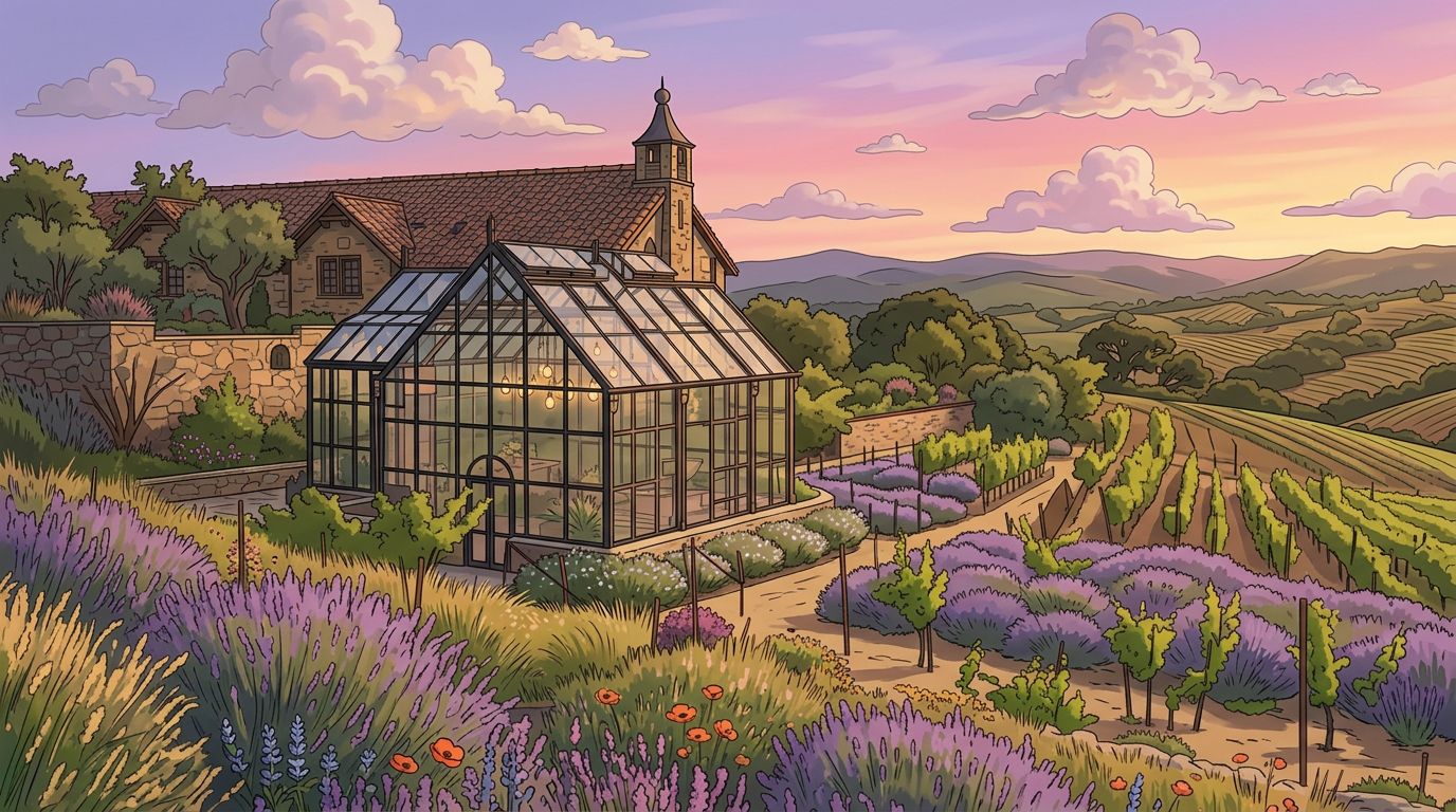 High tech greenhouse in California country manner looking over a meadow