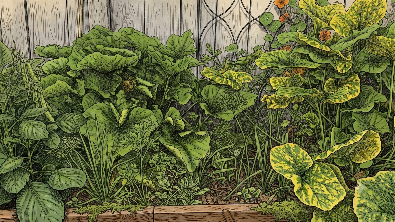 An overgrown, densely planted flower bed