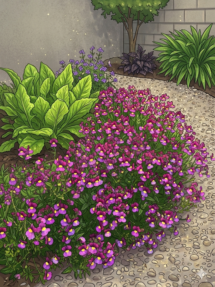 Dense nemesia in purple and pink blooming across a garden bed, crowding out the space around it