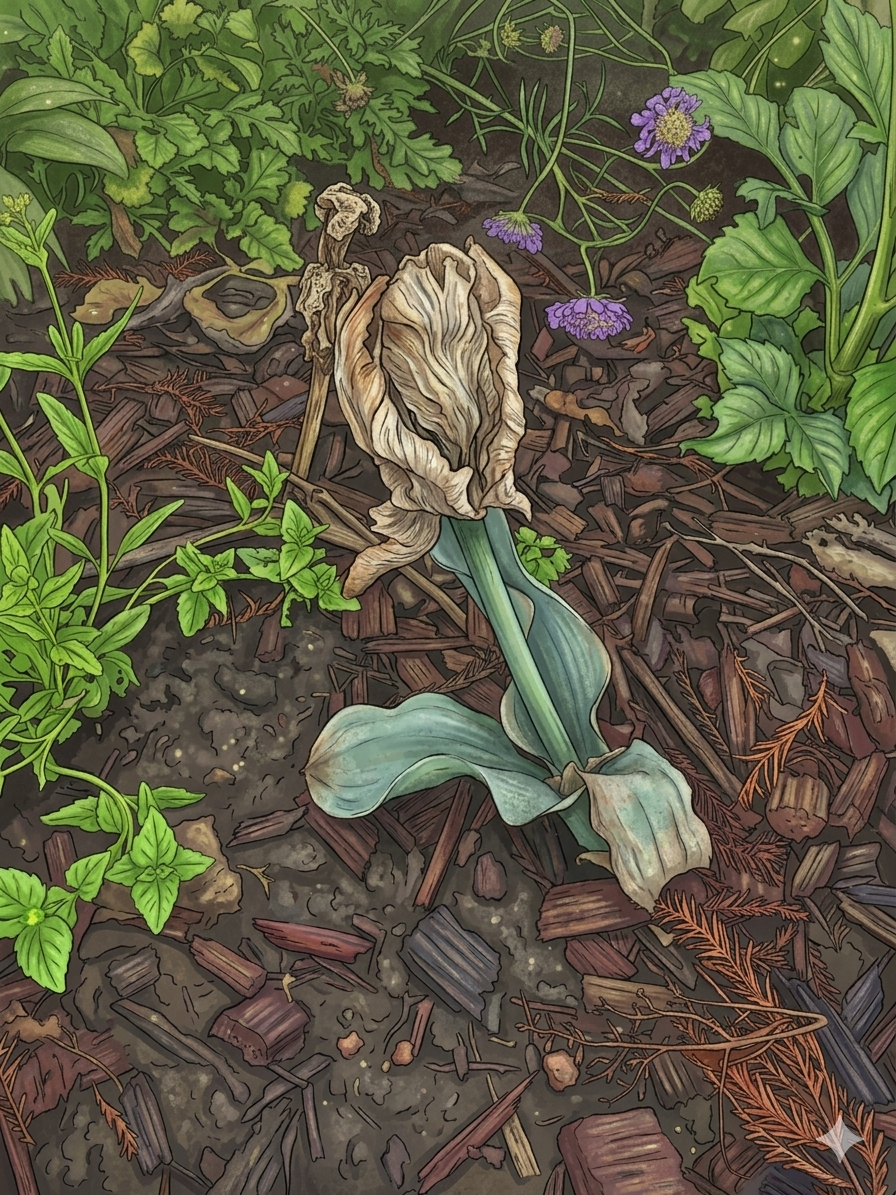 A wilted, spent daffodil lying in garden mulch among other plants — a bloom that came too soon