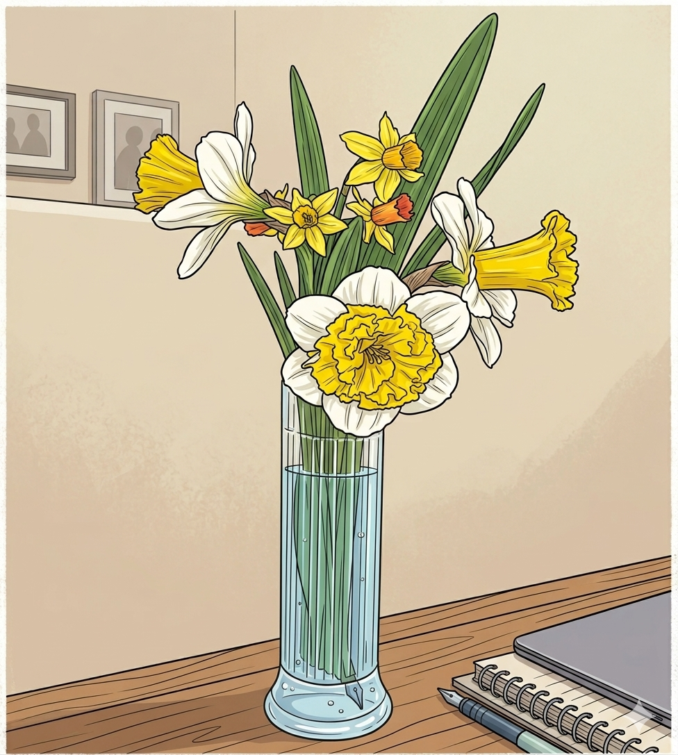 An illustrated bouquet of mixed daffodil varieties in a glass vase — Las Vegas, Can Can, and dwarf side by side