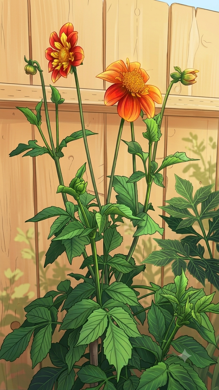 Two red-and-yellow Pooh dahlias on tall, fragile stems against a wooden fence — the varietal I hunted down, hollow-stemmed, all height and no forgiveness